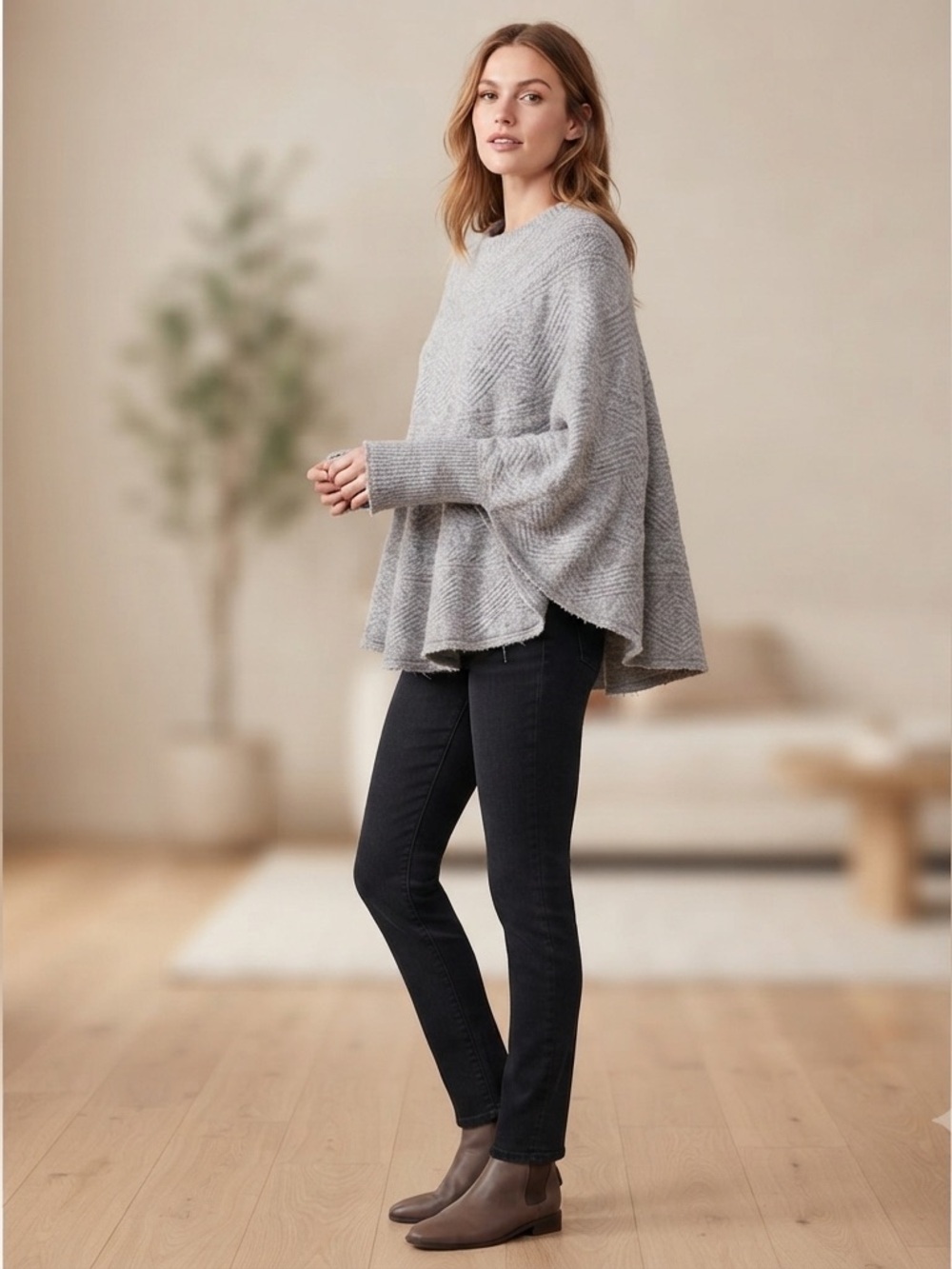Maurice’s Gray Patterned Knit Poncho Cape  Sweater S/M
